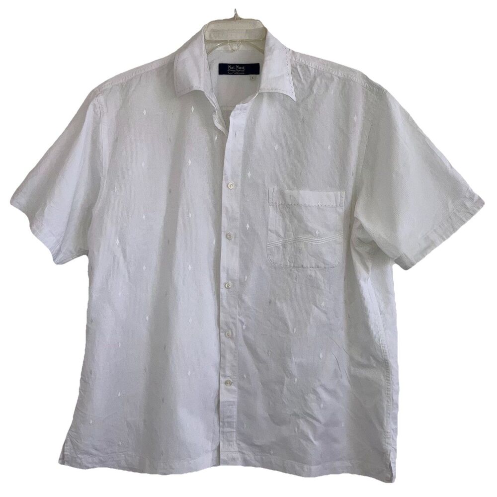NAT NAST LUXURY ORIGINALS sz L White Cotton Silk Short Sleeve Embroidered Shirt